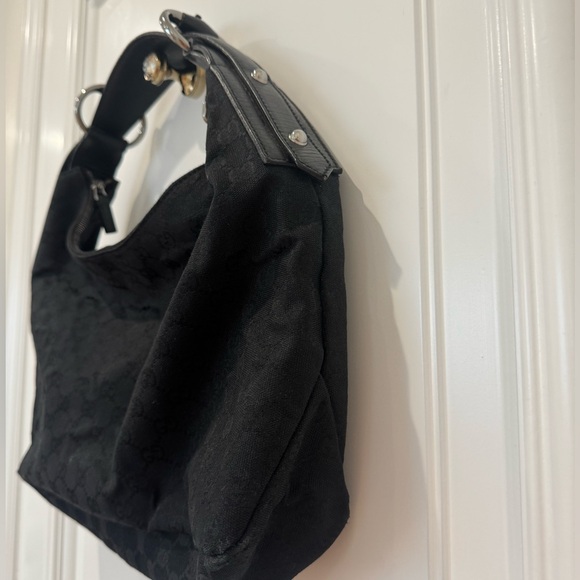 Gucci Medium Canvas GG Monogram Horsebit Black Hobo Bag - Picture 5 of 12